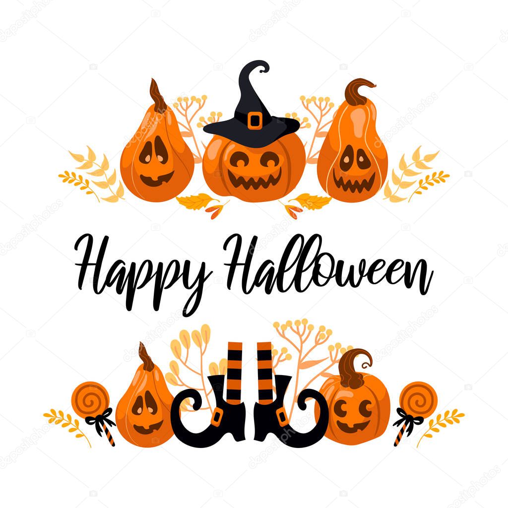 Happy Halloween bright vector illustration. Pumpkin jack-o-lantern, witch hat, striped stockings, lollipop. For stickers, postcards, banners, flyer. Yellow-orange autumn colors