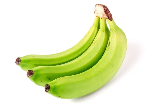 Three green unripe bananas isolated on white background — Stock Photo, Image