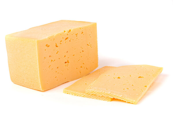 Hard cheese with slices on white background