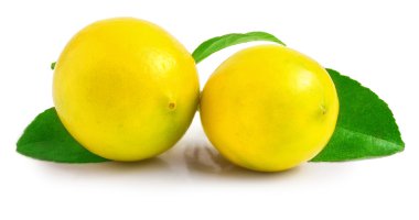 Beyaz arka plan üzerinde izole yeşil yaprakları ile taze limon