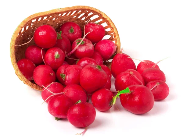 Radishes in a wicker basket isolated on white background — Stock Photo, Image