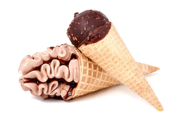 Two cones of ice creams with chocolate isolated white background Royalty Free Stock Photos