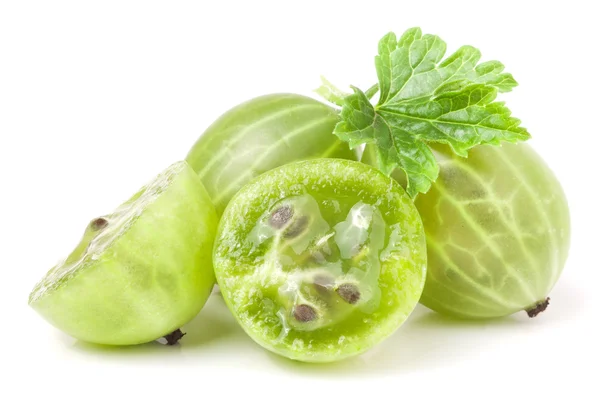 Gooseberries with leaf and half isolated on white background — Stock Photo, Image