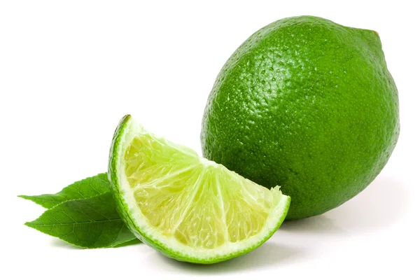 Lime with slices and leaf isolated on white background — Stock Photo, Image