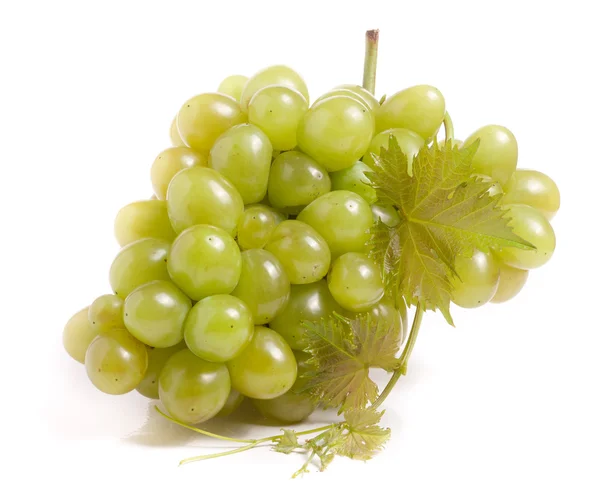 Cacho de uvas verdes com folha isolada sobre fundo branco — Fotografia de Stock