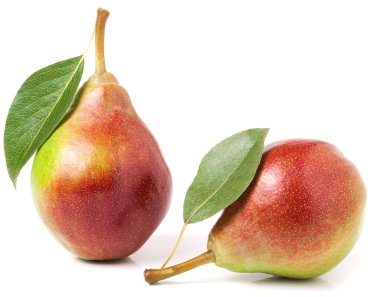 Beyaz arka plan üzerinde izole yaprak iki kırmızı armut