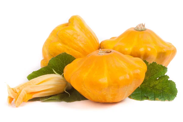 Tres calabaza pattypan amarillo con hoja y flor aislada sobre fondo blanco — Foto de Stock