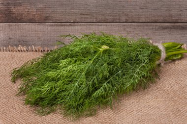 Ahşap arka planda bir demet dereotu