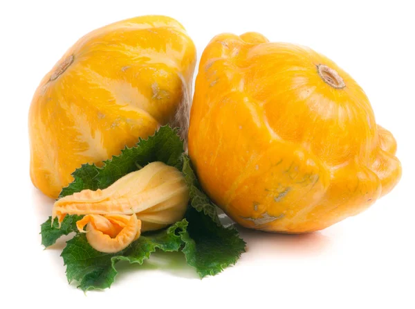 Dos calabaza pattypan amarillo con hoja y flor aislada sobre fondo blanco — Foto de Stock