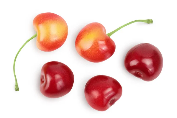 Yellow-red sweet cherry isolated on white background with clipping path . Top view. Flat lay — Stock Photo, Image
