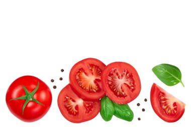 Beyaz arka planda izole edilmiş fesleğen ve biberli domates dilimleri. Kesme yolu. Metnin için kopyalama alanı olan üst görünüm. Düz yatıyordu