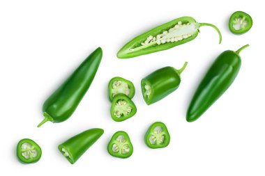 jalapeno peppers isolated on white background. Green chili pepper with clipping path. Top view. Flat lay clipart