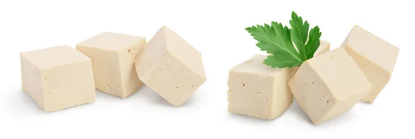 Diced tofu cheese isolated on white background with clipping path and full depth of field, — Stock Photo, Image