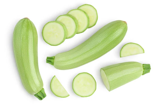 Zucchine o midollo isolati su sfondo bianco con percorso di ritaglio e piena profondità di campo. Vista dall'alto. Posa piatta — Foto Stock