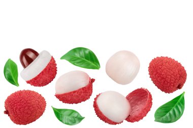 Beyaz arka planda yalıtılmış liçi meyvesi. Üst Manzara. Metnin için kopyalama alanı olan düz uzan