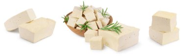 Tofu peyniri kırpma yolu ve tam derinlik alan, set ya da koleksiyon ile beyaz arkaplanda izole edildi