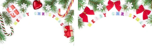 Veselý vánoční nápis v rámečku z jedlových větví izolovaných na bílém pozadí s kopírovacím prostorem pro váš text — Stock fotografie