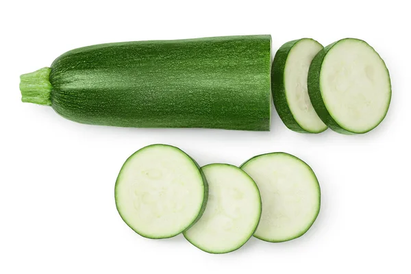 Courgettes fraîches tranchées isolées sur fond blanc avec chemin de coupe et pleine profondeur de champ. Vue de dessus. Pose plate — Photo