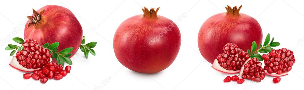 Pomegranate with leaf isolated on white background with clipping path and full depth of field. Set or collection