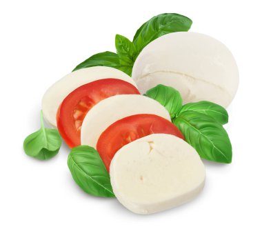Mozzarella cheese sliced with basil leaf and tomato isolated on white background with clipping path and full depth of field clipart