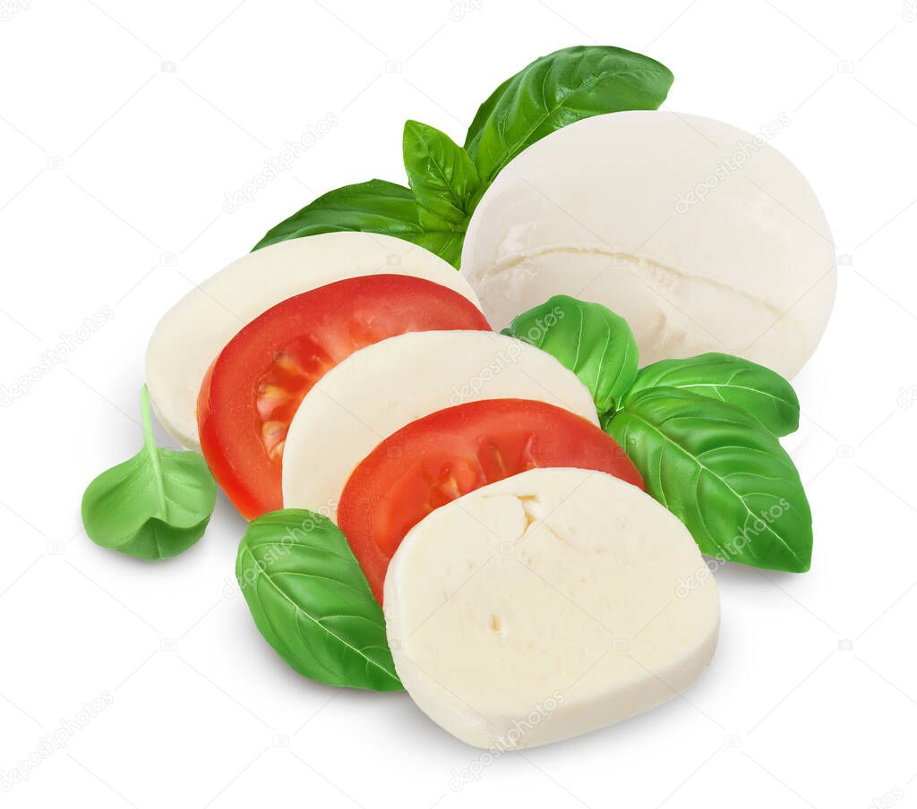 Mozzarella cheese sliced with basil leaf and tomato isolated on white background with clipping path and full depth of field