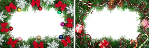 Χριστουγεννιάτικο πλαίσιο διακοσμημένο απομονωμένο σε λευκό φόντο με αντίγραφο χώρο για το κείμενό σας. Άνω όψη. — Φωτογραφία Αρχείου
