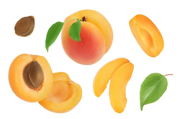 Aprikos frukt med hälften och skivor isolerade på vit bakgrund. Högst upp. Platt äggläggning — Stockfoto