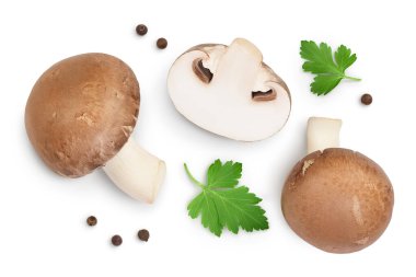 Royal Brown champignon with leaf parsley isolated on white background with clipping path. Top view. Flat lay clipart