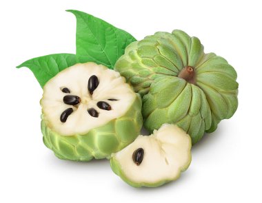 Beyaz arka planda izole edilmiş elma şekeri ya da kremalı elma kırpma yolu ve tam derinlik. Egzotik tropikal Thai annona veya cherimoya meyvesi