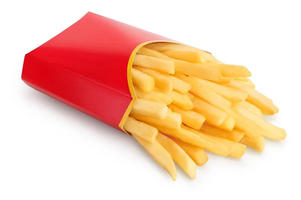 Frietjes of gebakken aardappelen in een rode kartonnen doos geïsoleerd op witte achtergrond met knippad en volle velddiepte — Stockfoto