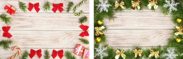 Marco de Navidad hecho de ramas de abeto decoradas con arcos, bastones de caramelo y cajas sobre un fondo de madera claro — Foto de Stock