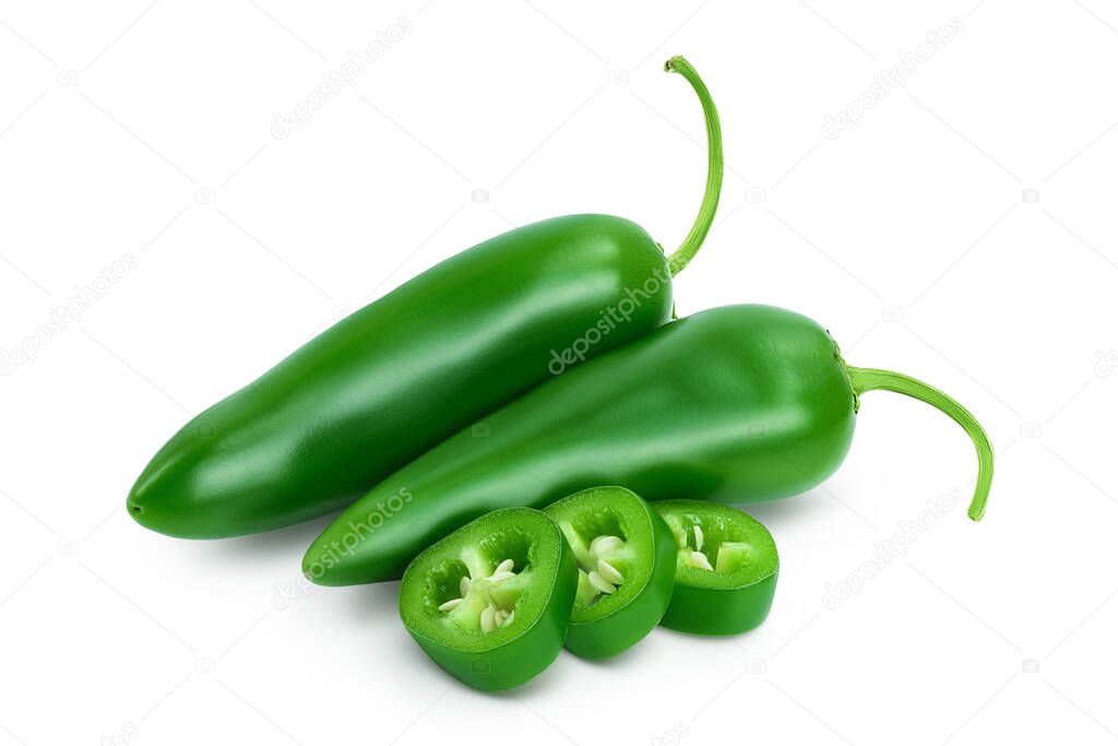 jalapeno peppers isolated on white background. Green chili pepper with clipping path and full depth of field.
