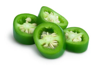 Dilimlenmiş jalapeno biberi beyaz arka planda izole edilmiş. Kesme yolu ile yeşil biber ve tüm alan derinliği.