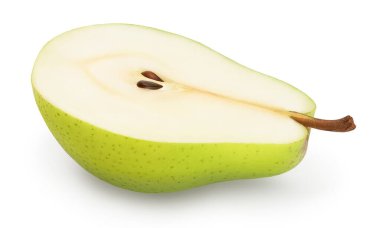 Yeşil armut meyvesi beyaz arkaplanda yarı izole edilmiş kırpma yolu ve tam derinlikte alan