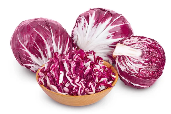 Fresh red radicchio salad in wooden bowl isolated on white background with clipping path and full depth of field — Stock Photo, Image