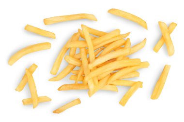 Kızarmış patates ya da patates kızartması kesme yolu ve geniş bir alanda beyaz arka planda izole edilmiş. Üst Manzara. Düz yatıyordu