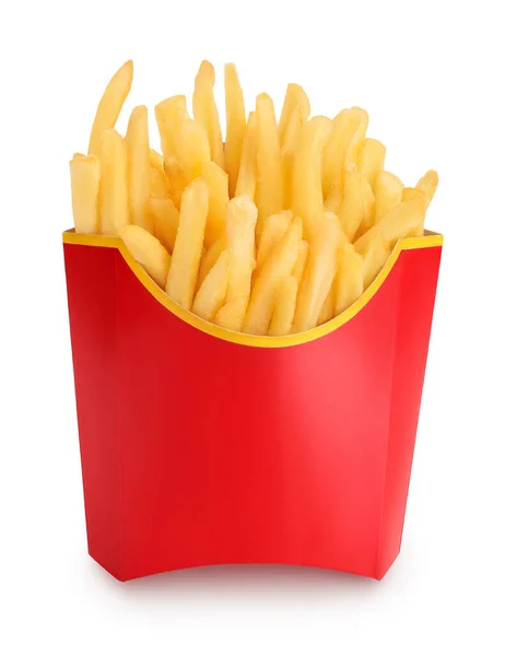 Pommes frites oder Bratkartoffeln in einem roten Karton isoliert auf weißem Hintergrund mit Clipping-Pfad und voller Schärfentiefe — Stockfoto