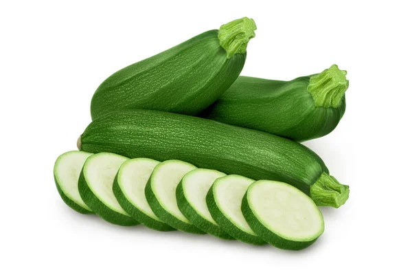 Courgettes fraîches entières isolées sur fond blanc avec chemin de coupe et pleine profondeur de champ — Photo