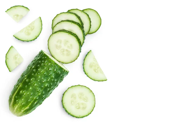 Sliced cucumber isolated on white background. Top view with copy space for your text. Flat lay — Stock Photo, Image