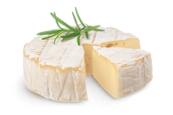 Τυρί καμαμπέρ με δεντρολίβανο απομονωμένο σε λευκό φόντο με απόληξη και πλήρες βάθος πεδίου — Φωτογραφία Αρχείου