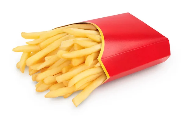 Τηγανητές πατάτες ή τηγανητές πατάτες σε κόκκινο χαρτοκιβώτιο που απομονώνονται σε λευκό φόντο με μονοπάτι αποκοπής και πλήρες βάθος πεδίου — Φωτογραφία Αρχείου
