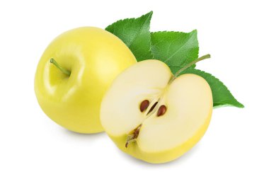 Sarı elma kırpma yolu ve tam derinlikteki beyaz arkaplanda izole edildi