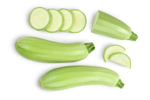 Courgettes ou moelle isolées sur fond blanc avec chemin de coupe et pleine profondeur de champ. Vue de dessus. Pose plate — Photo