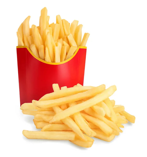 Pommes frites oder Bratkartoffeln in einem roten Karton isoliert auf weißem Hintergrund mit Clipping-Pfad und voller Schärfentiefe — Stockfoto