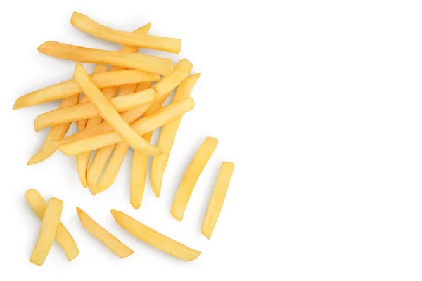 Pommes frites eller stekt potatis isolerad på vit bakgrund med klippbana. Toppvy med kopieringsutrymme för din text. Platt äggläggning — Stockfoto