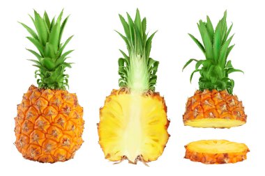 Beyaz arka planda izole edilmiş ananas geniş bir alana yayılmış. Üst Manzara. Düz yatıyordu