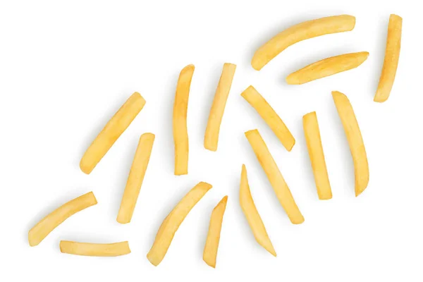 Pommes frites eller stekt potatis isolerad på vit bakgrund med klippbana och fullt skärpedjup. Högst upp. Platt äggläggning — Stockfoto