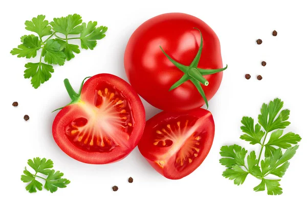 Tomato with slices isolated on white background. Clipping path and full depth of field. Top view. Flat lay