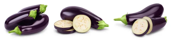 Eggplant eller aubergine isolerad på vit bakgrund med fullt skärpedjup, Set eller samling — Stockfoto