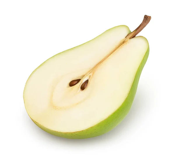 Πράσινο φρούτο αχλάδι μισοαπομονωμένο σε λευκό φόντο με μονοπάτι απόληξης και πλήρες βάθος πεδίου — Φωτογραφία Αρχείου